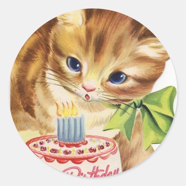 Adesivo Vintage Retro Cat Kitten Aniversário Bake Saudação (Frente)