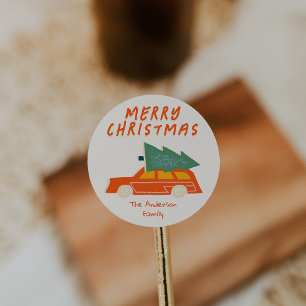 Adesivo Vintage Retro de Natal da Árvore Vermelha Desenhad