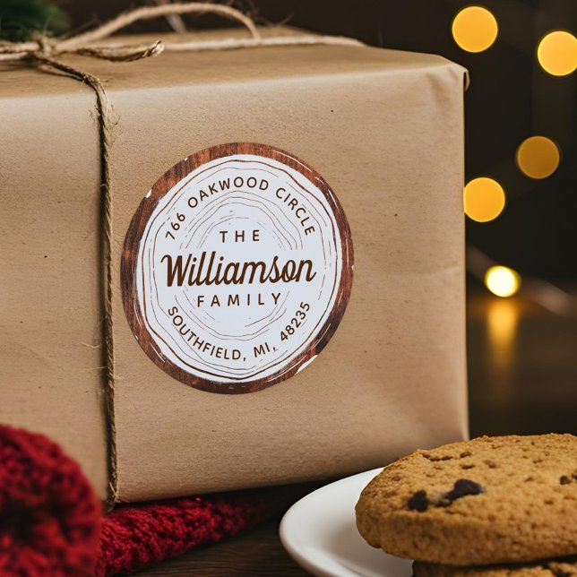 Adesivo Vintage Rustic Woodgrain Slice Family Address (Vintage Rustic Woodgrain Tree Slice Family Address Classic Round Sticker)