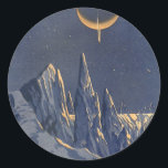 Adesivo Vintage Science Ficet, Crescent Moon Snow Planet<br><div class="desc">Ilustração vintage: planetas futuristas de ficção científica e imagem espacial. Um 50 de quadrinhos retrô sci fi com um planeta estrangeiro coberto de gelo e neve à noite com uma lua crescente sobre as montanhas no inverno.</div>
