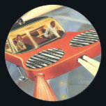 Adesivo Vintage Science Ficting Carro Voador Futurístico<br><div class="desc">Imagem de vintage: viagem de ficção científica futurista e imagem de transporte. Um casal andando em um carro voador à noite com os faróis acesos. Parece um velho carro da polícia com a luz giratória no topo do telhado. Um clássico design de ficção científica de quadrinhos retrógrados do 50 do...</div>