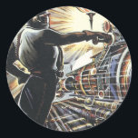 Adesivo Vintage Science Ficting Máquinas Físicas do Sci Fi<br><div class="desc">Imagem de ficção científica com ilustração em Vintage apresentando uma cena de fabricação futurista com máquinas de direcionar robôs funcionando.</div>