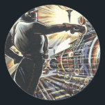 Adesivo Vintage Science Ficting Máquinas Físicas do Sci Fi<br><div class="desc">Imagem de ficção científica com ilustração em Vintage apresentando uma cena de fabricação futurista com máquinas de direcionar robôs funcionando.</div>