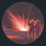 Adesivo Vintage Science Fiction Alienígena Red Planet Expl<br><div class="desc">Imagem de Vintage,  ilustração futurista Science Fiction com astronautas alienígenas amigáveis acenando. Eles estão em um planeta ou lua vermelho com bolas de fogo explosivas que se parecem com fogos de artifício. Um clássico design de quadrinhos retrô 50 de ficção científica.</div>