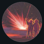 Adesivo Vintage Science Fiction Alienígena Red Planet Expl<br><div class="desc">Imagem de Vintage,  ilustração futurista Science Fiction com astronautas alienígenas amigáveis acenando. Eles estão em um planeta ou lua vermelho com bolas de fogo explosivas que se parecem com fogos de artifício. Um clássico design de quadrinhos retrô 50 de ficção científica.</div>