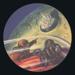 Adesivo Vintage Science Fiction, Futurística City on Moon<br><div class="desc">Imagem de viagem de ilustração venenosa e ficção científica de transporte apresentando um clássico livro em quadrinhos retrô sci fi espaço e imagem planetária de astronautas ou aliens viajando em uma espaçonave voando sobre uma metrópole futurista na lua.</div>