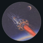Adesivo Vintage Science Fiction, Sci Fi Rocket over Earth<br><div class="desc">Imagem de ficção científica com ilustração em Vintage,  com um foguete voando pelo espaço. A nave espacial está orbitando a Terra com a lua à distância.</div>