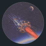 Adesivo Vintage Science Fiction, Sci Fi Rocket over Earth<br><div class="desc">Imagem de ficção científica com ilustração em Vintage,  com um foguete voando pelo espaço. A nave espacial está orbitando a Terra com a lua à distância.</div>
