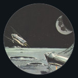 Adesivo Vintage Science Fictions, Rocket ships Moon Planet<br><div class="desc">Imagem de Vintage no espaço sideral e imagem de Ficção Científica futurista planetas. Viagem e design de transporte com foguetes decolando na lua e voando em direção ao planeta Terra no distante céu escuro da noite no futuro.</div>