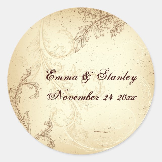 Adesivo Vintage scrolo folha casamento marrom Salvar data (Frente)