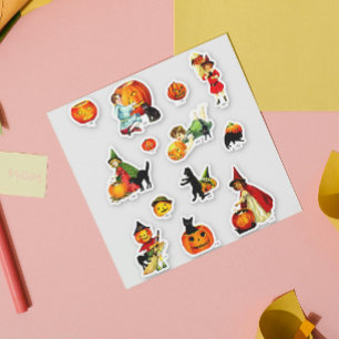 Adesivo Vintage Set of Witch Cat Pumkin Halloween