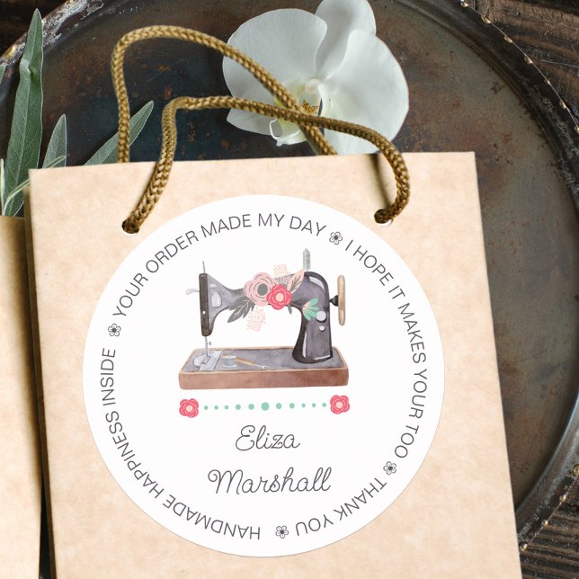Adesivo Vintage Sewing Machine Boho Floral (Thank you for your order labels with vintage sewing machine)