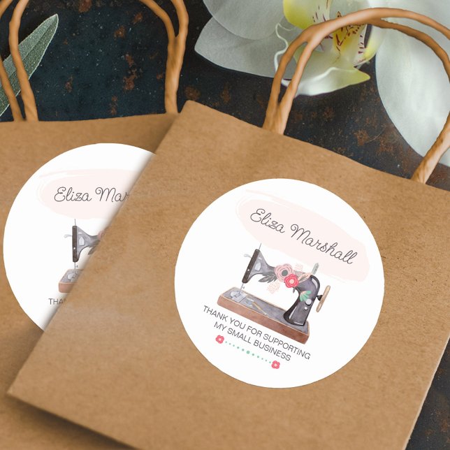 Adesivo Vintage Sewing Machine Boho Floral Obrigado (Thank you for supporting my small business stickers with vintage sewing machine)