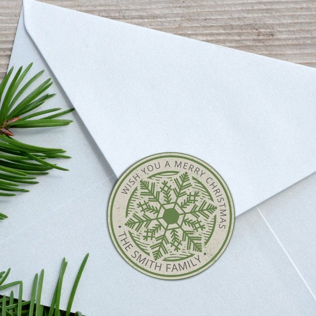 Adesivo Vintage Snowflake Feliz Natal Personalizado (Vintage Snowflake Merry Christmas Personalized Classic Round Sticker)