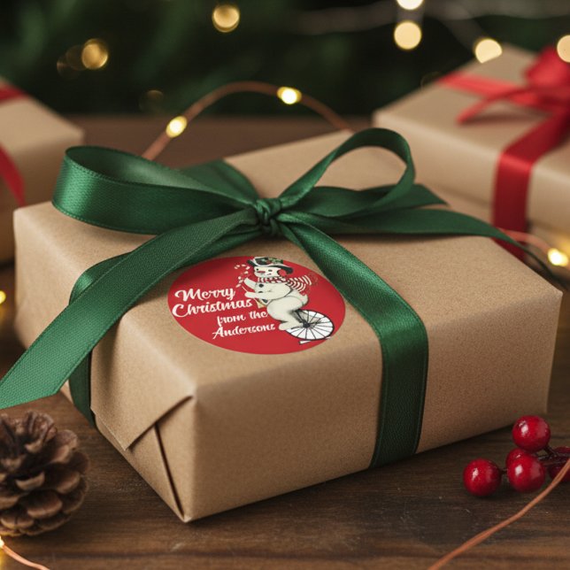 Adesivo Vintage Snowman No Natal Personalizado Do Unicamp (Vintage Snowman On Unicycle Custom Christmas Classic Round Sticker)