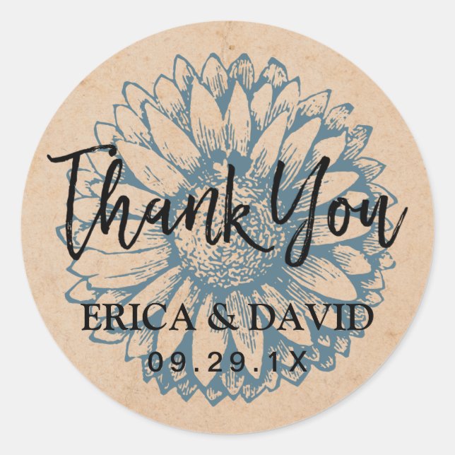 Adesivo Vintage Sunflower Wedtão Kraft Obrigado (Frente)