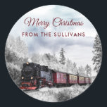 Adesivo Vintage Train Winter Christmas Cena<br><div class="desc">Um adesivo personalizado de Natal feliz com uma fotografia de uma paisagem de inverno gelada com pinheiros cobertos de neve. Um trem vermelho,  dourado e preto à moda antiga,  viajando pela natureza selvagem.</div>