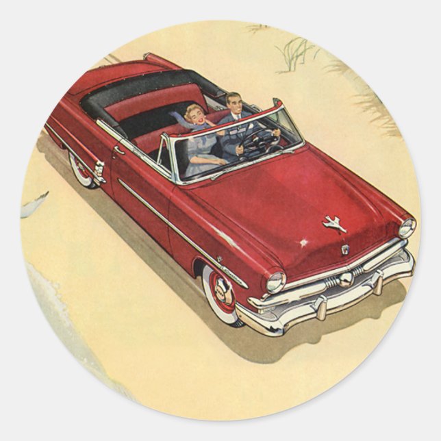 Adesivo Vintage Transportation, Red Convertible Car Beach (Frente)
