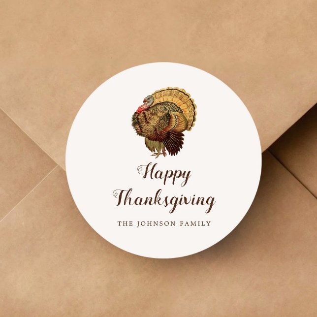 Adesivo Vintage Turkey Happy Graças (Vintage Turkey Happy Thanksgiving Classic Round Sticker)