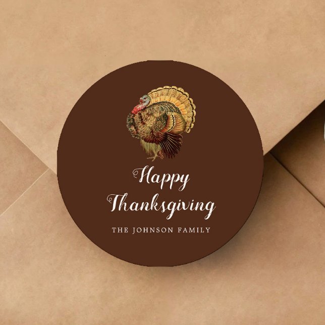Adesivo Vintage Turquia Feliz Ação de Graças (Elegant Vintage Turkey Happy Thanksgiving Classic Round Sticker)
