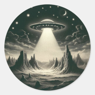 Adesivo Vintage UFO Sobre Montanhas Voando Aliens de Sauce