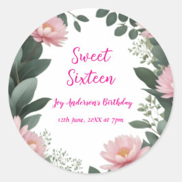 Adesivo vintage, verde-flor-rosa, eucalipto, 16.o aniversá