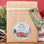 Adesivo Vintage Watercolor Red Christmas Holidck<br><div class="desc">Uma floresta serena de aquarelas em tons azuis e aqua define a cena de um caminhão vermelho vintage cheio de presentes para a temporada de férias neste adesivo. Excelente para como selagens de envelopes ou como obrigado simples para as festas de Natal ou de férias ou correspondência. Disponível com produtos...</div>