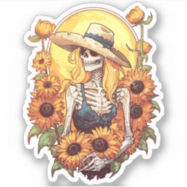 Adesivo Vintage Western Cowgirl Skeleton Com Girassóis