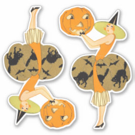 Adesivo Vintage Witch Art Deco Witch and Pumpkin Halloween