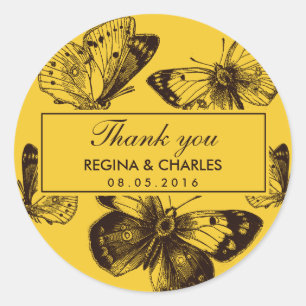Adesivo Vintage Yellow Butterfly Casamento Obrigado Sticke