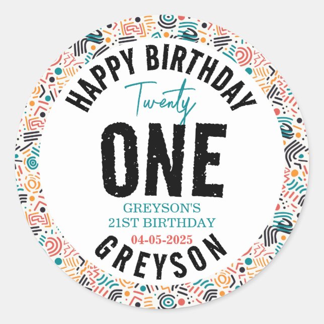 Adesivo Vinte e um | Aniversário de 21 anos geométrico col (Frente)
