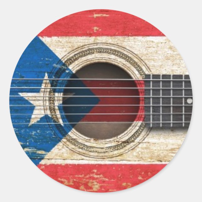 Adesivo Violão acústico antigo com bandeira de Porto Rico (Frente)