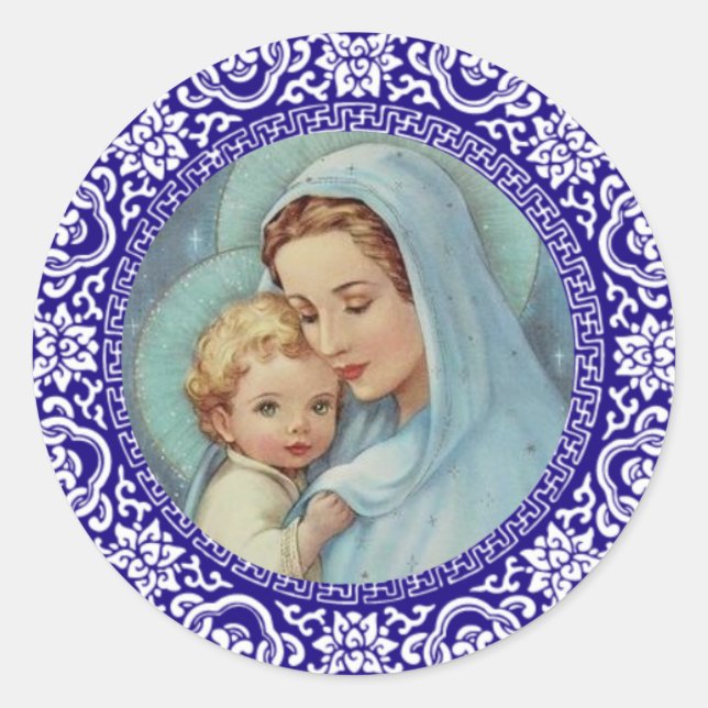 Adesivo Virgem Abençoada Mãe Maria Bebê Jesus Borda Azul (Frente)
