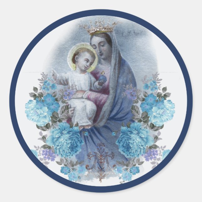 Adesivo Virgem Abençoada Mary Jesus Floral Azul Católico (Frente)