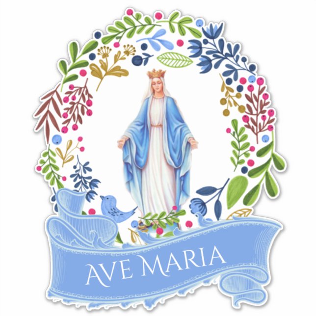 Adesivo Virgem Abençoada Religiosa Mary Floral Wreath Viny (Frente)