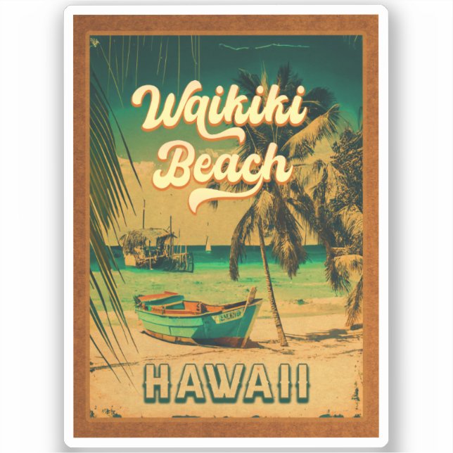 Adesivo Waikiki Beach Hawaii Vintage Palm Trees Souvenir (Frente)
