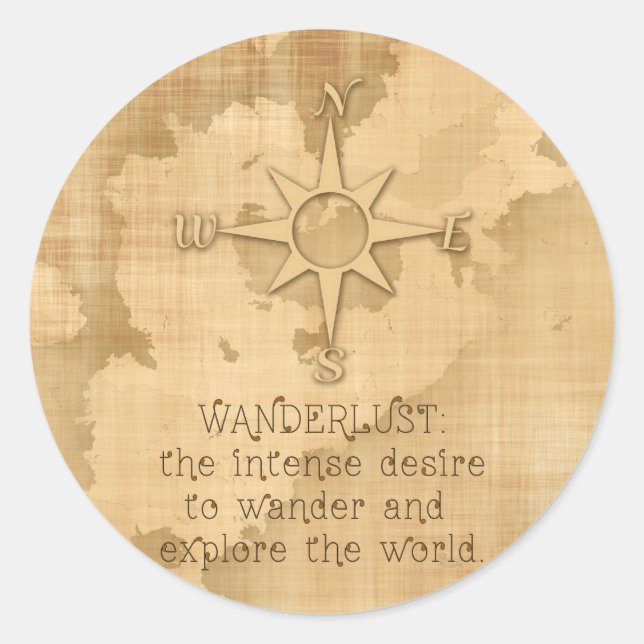Adesivo "Wanderlust..." Citação de Viagens em Papel Vintag (Frente)