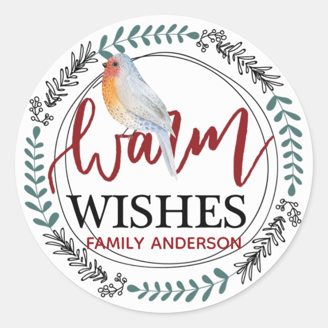Adesivo WARM WISHES Personalizado Inverno / Robin de Natal (Frente)