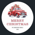 Adesivo Watercolo Merry Christmas Red Truck Gifts Família<br><div class="desc">Crie belos adesivos de Natal com carregando vermelho de água e presentes de Natal. Personalize facilmente esses bonitos adesivos de Natal Feliz/selos de envelopes com seu nome de família e o ano.</div>