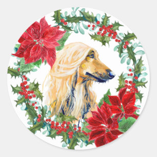 Adesivo Watercolor Afghan Hound Poinsettia Holiday Wreath