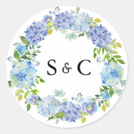 Adesivo Watercolor Azul Hydrangea Wreath Casamento Monogra