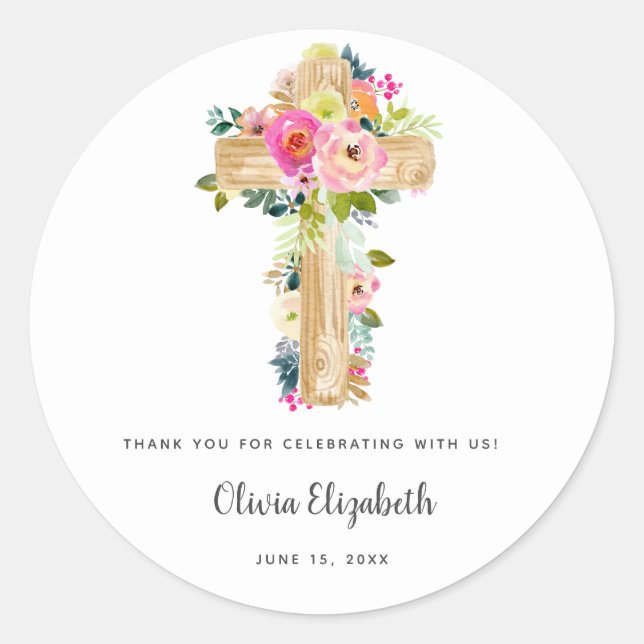 Adesivo Watercolor Baptism Floral Cross Christening (Frente)