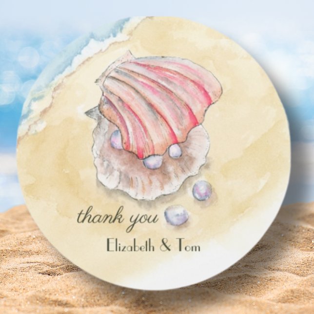 Adesivo Watercolor Beach Clam & Pearls Bridal Obrigado (Criador carregado)