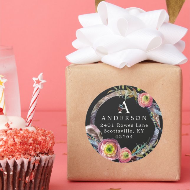 Adesivo Watercolor Boho Feather Wreath Monograma Endereço (Festa)