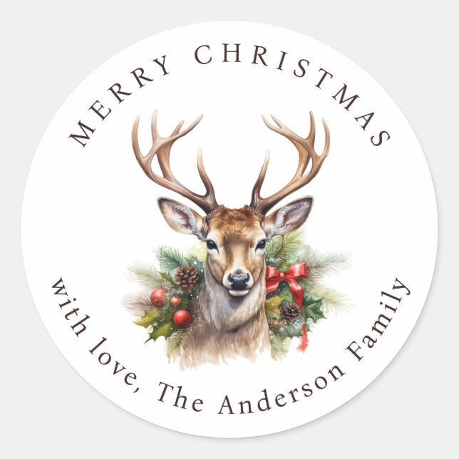 Adesivo Watercolor Buck Deer Botanical Christmas (Frente)