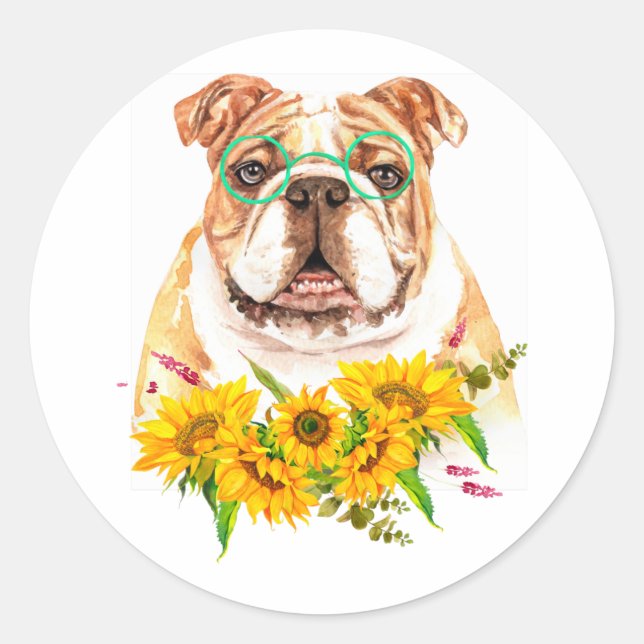 Adesivo Watercolor Buldog e Sunflower (Frente)