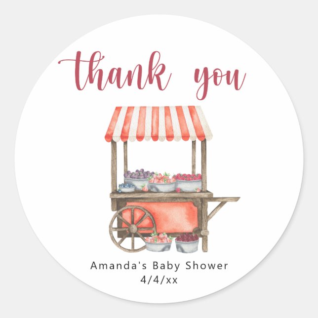 Adesivo Watercolor Cart Berries Baby shower Thank you (Frente)