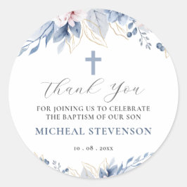 Adesivo Watercolor Chic Baby Blue Floral Baptism Obrigado