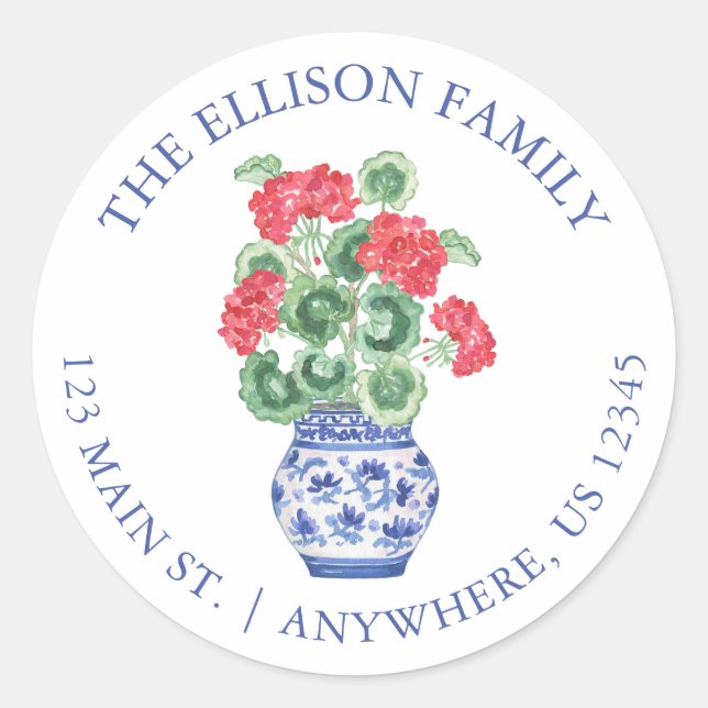 Adesivo Watercolor Chinoiserie Vase Red Geraniums Endereço (Frente)