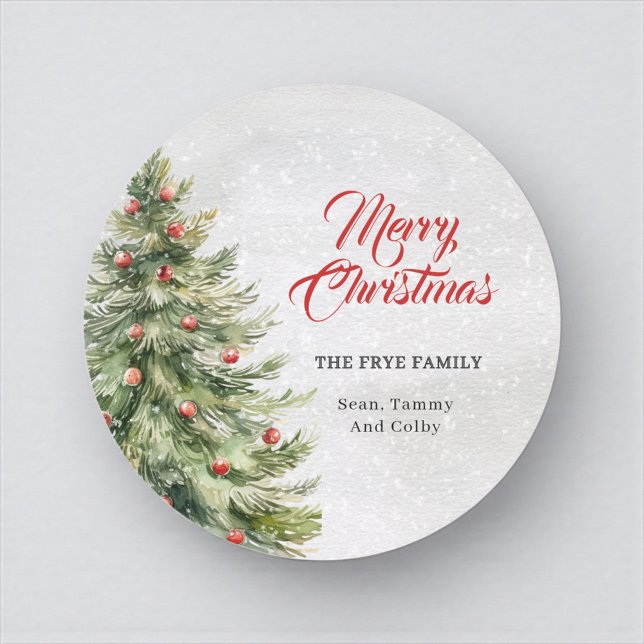 Adesivo Watercolor Christmas Tree Holiday Gift (Personalized Merry Christmas round sticker with family name)